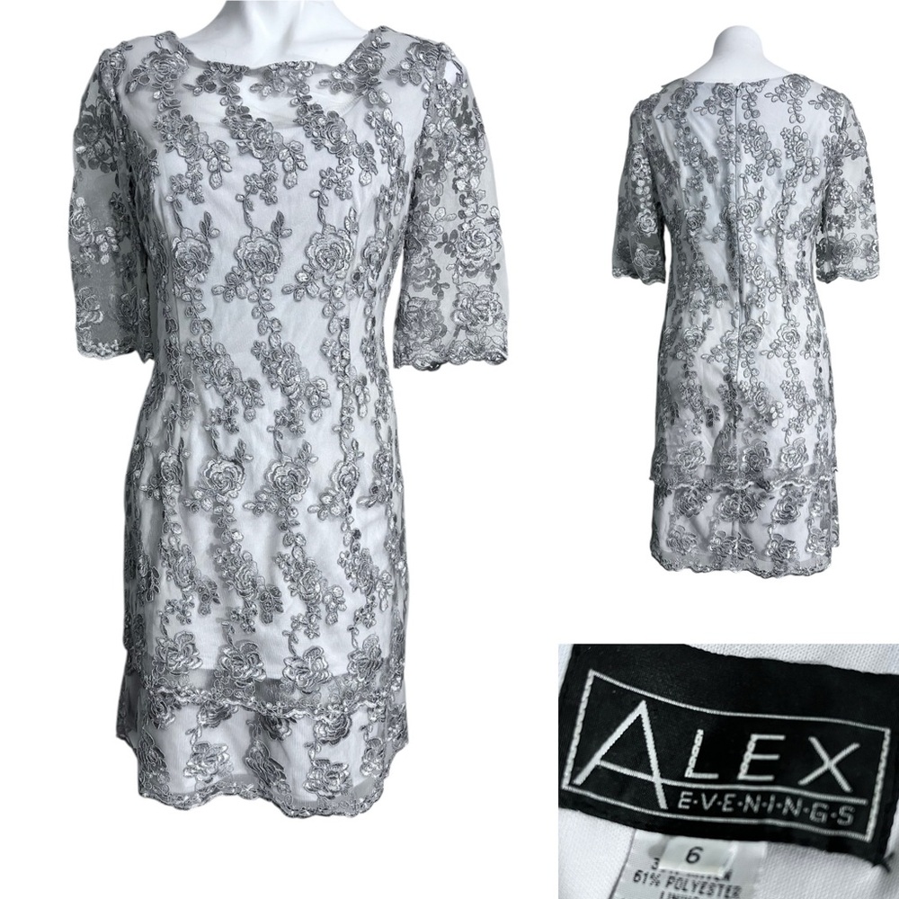 Alex Evenings dress sz 6 Silver Lace‎ short sleeve cocktail gala holiday party